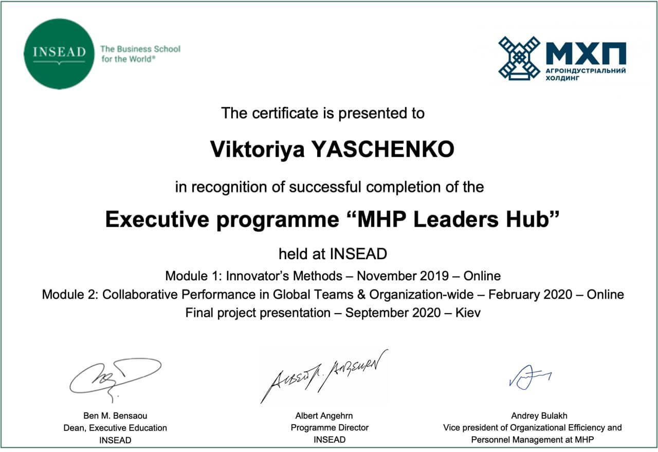 Certificate of the MHP Leaders Hub executive programme held at INSEAD